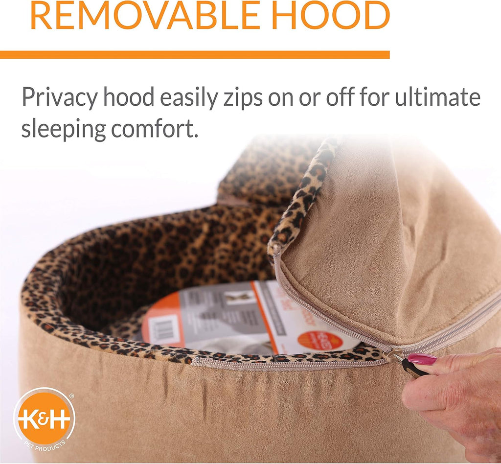 K&H Pet Products Thermo-Kitty Bed Deluxe Heated Cat Bed for Large Kitties - Indoor Heated Pet Bed for Dogs & Cats, Covered Cave Pet Tent, Machine Washable, Safety Listed - Large 20in Tan/Leopard