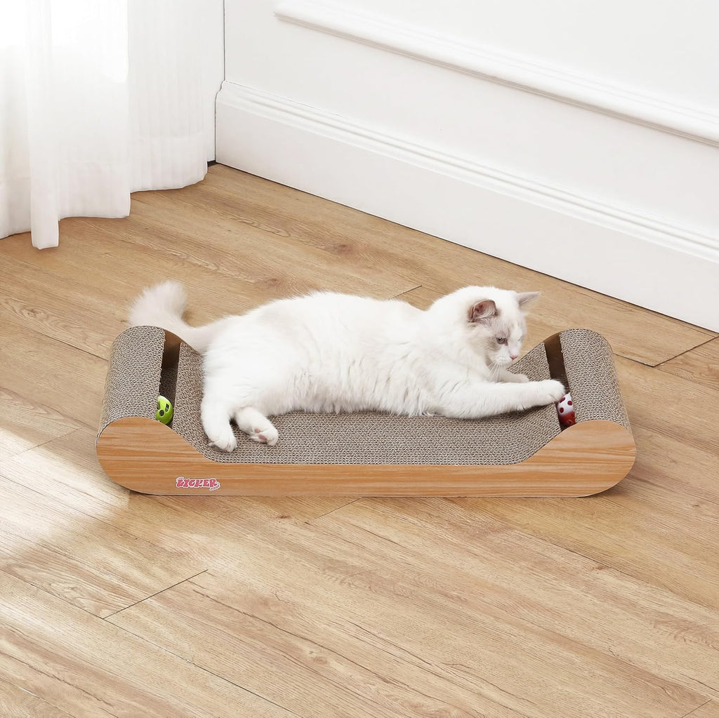 Rini 23.75" Modern Corrugated Cardboard Lounge Bed with Built-in Bell Toys and Catnip, Ergonomic Curved Sofa Scratcher for Indoor Cats, Oak Wood Finish CSR1003C