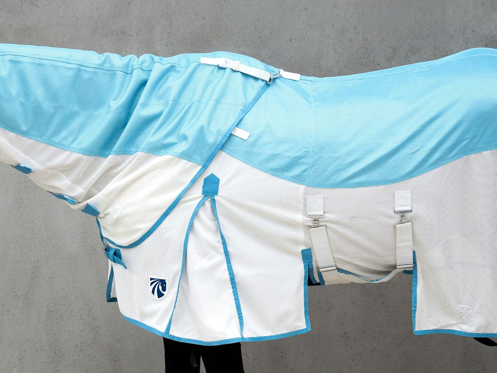 Mesh Horse Fly Sheet with Detachable Neck Cover | Dual-Zone UV Protection & Breathable Design | Elastic Webbing Belly Wrap & Leg Straps | Blue, 75 Inch