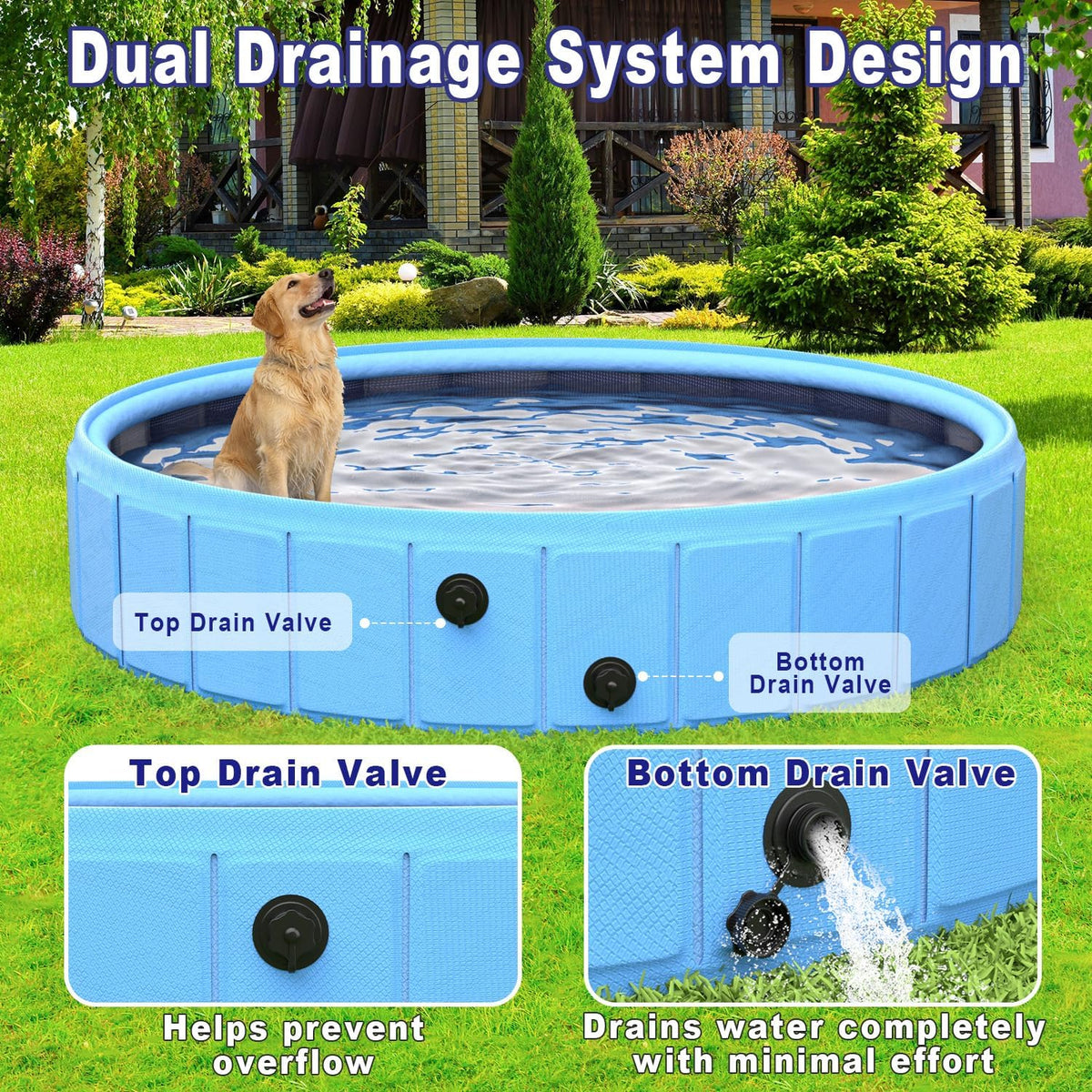 Foldable Dog Pool with Sprinkler, 106" Extra Large Non-Slip Dog Swimming Pool, 2-in-1 Outdoor Backyard Pet Bathing Tub with Drain Plug for Dogs Kids Pets Ducks