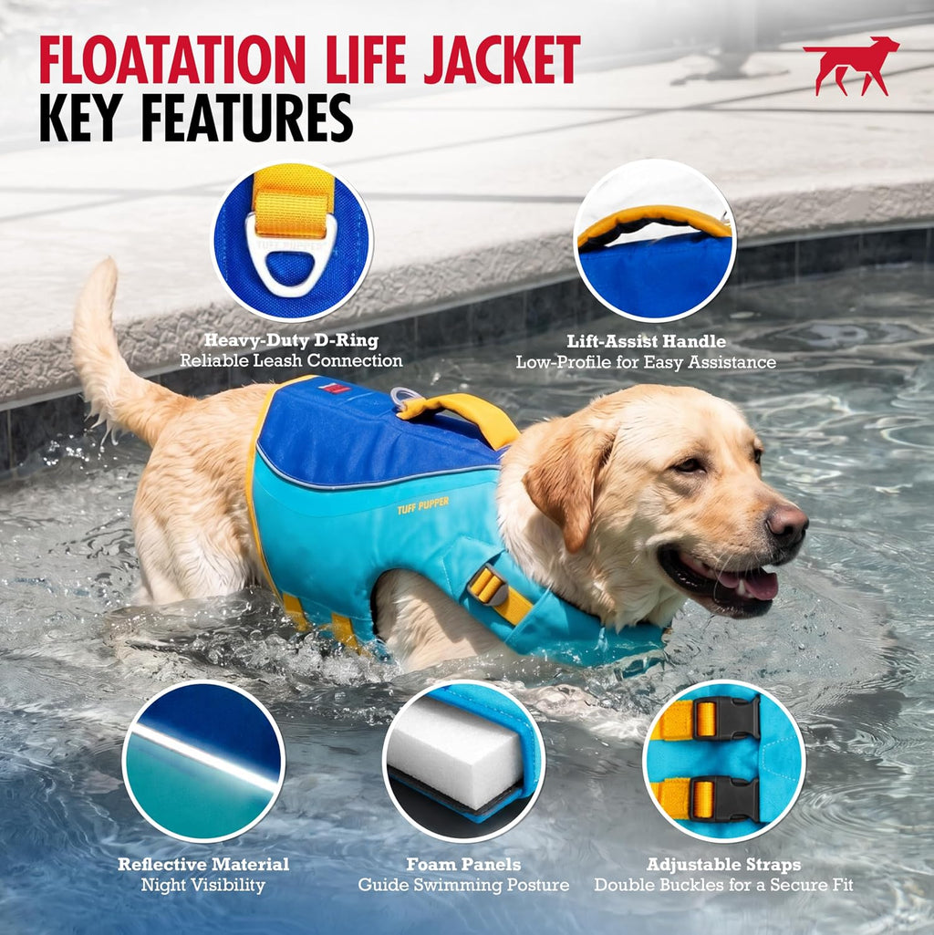 Tuff Pupper Dog Life Jacket | High Buoyancy Dog Swim Vest with Rescue Handle | Adjustable Secure Fit | Reflective Safety Trim | Pet Flotation Jacket for Swimming Boating Kayaking (Blue/Yellow, XXS)