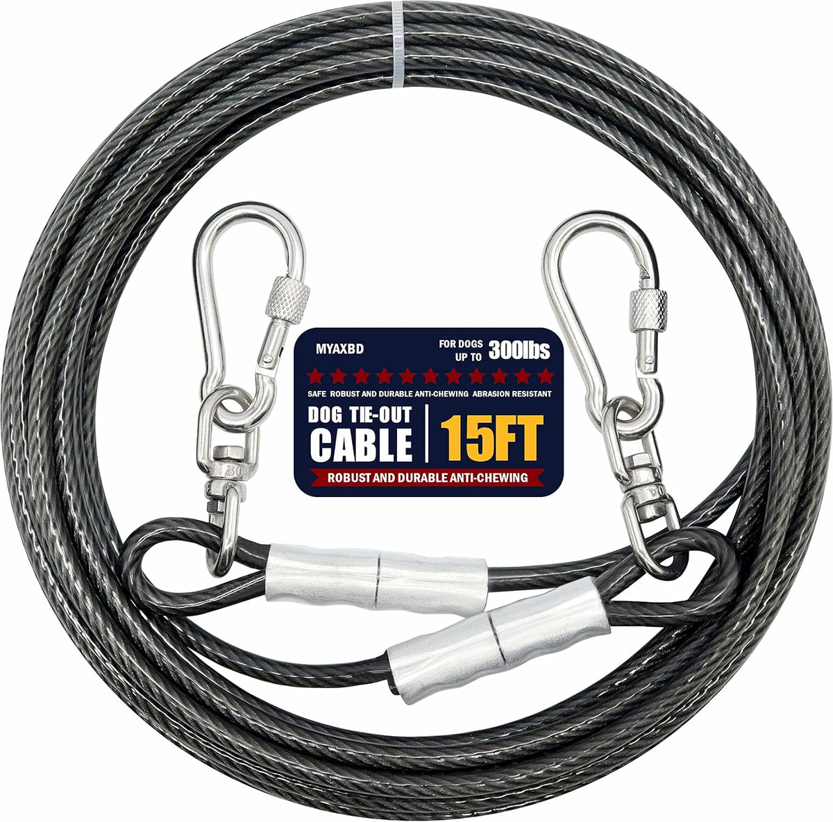 15FT Dog Tie Out Cable – 5mm Diameter Heavy Duty Lead with 1000lbs Break Strength, Chew-Proof & Tangle-Free for Medium & Large Dogs, Outdoor Use (Grey)