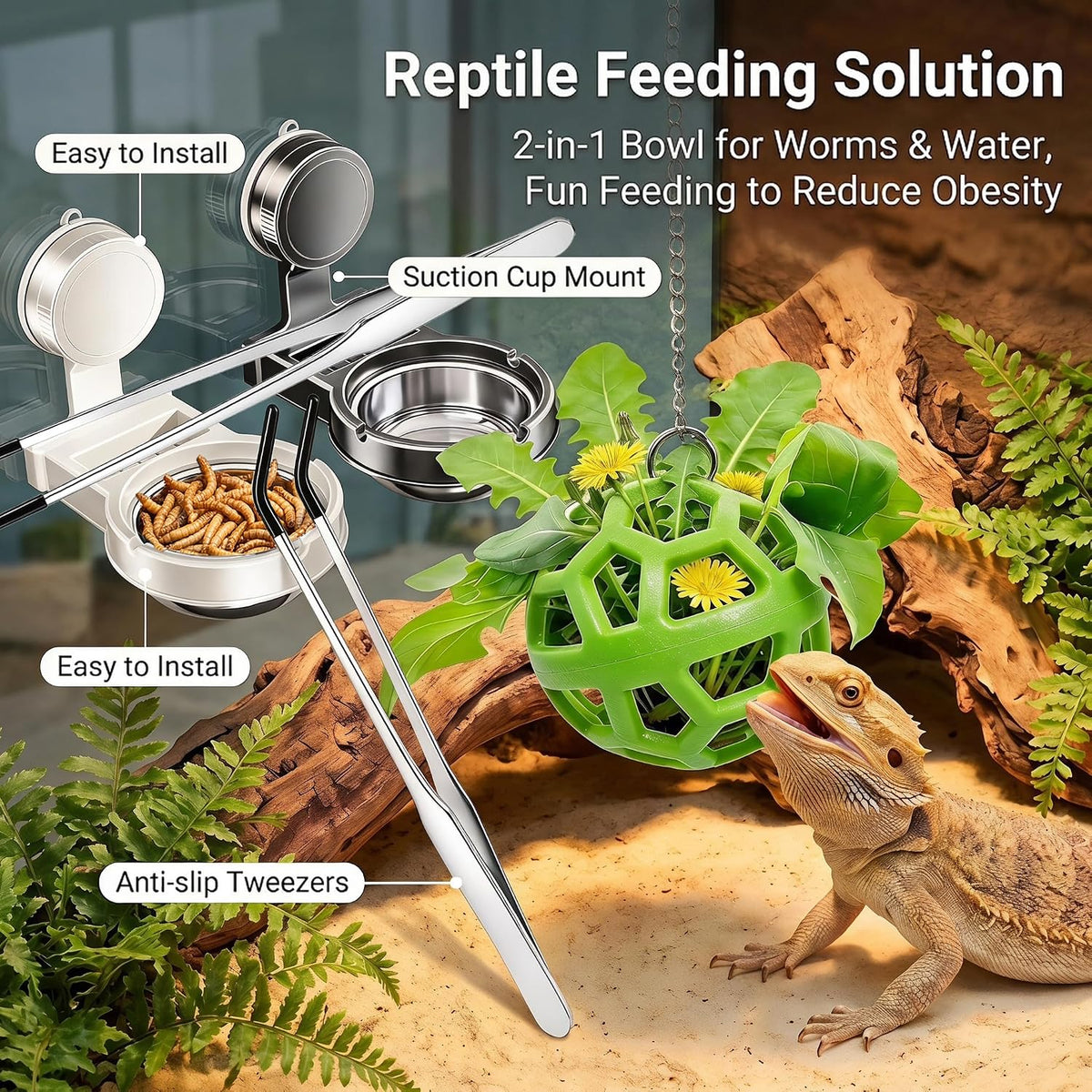 Reptile Feeding Habitat Accessory Kit, Hanging Veggie Feeding Ball, 2Pcs Suction Cup Feeding Ledges, 10.6" Stainless Steel Feeding Tongs Set, Reptile Supplies for Bearded Dragon Gecko Chameleon Lizard