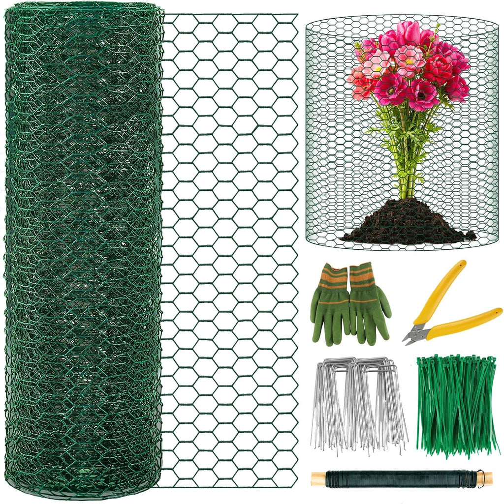 Convivium Plant Protectors from Animals, 0.8mm Free-Cut Green Chicken Wire Mesh, PVC Coated Tree Trunk Guard & Garden Fence for Outdoor Plants with Zip Ties, Stakes, Pliers, Gloves（16.4Ft*16In）