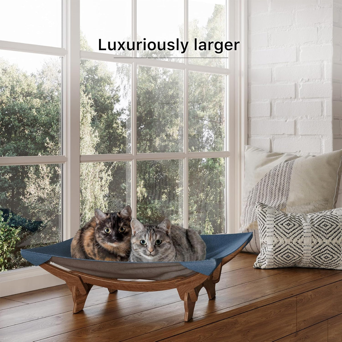 Large Cat Bed Hammock Cradle Cats Accessories 22 X 22 Inch Elevated Pet Bed for Window Perch for Large Cats or Kitty Easy Assembly Cat Furniture Gift (Classic Blue & Walnut Wood)
