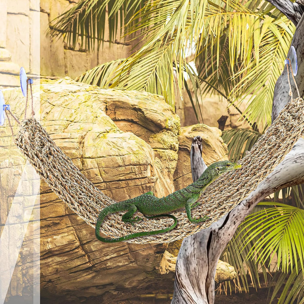 2 Pcs Bearded Dragon Hammock Reptile Lounger, Natural Seagrass Climbing Habitat Decor with Jungle Theme for Lizards, Geckos, Snakes, Iguanas, Amphibians and Terrarium
