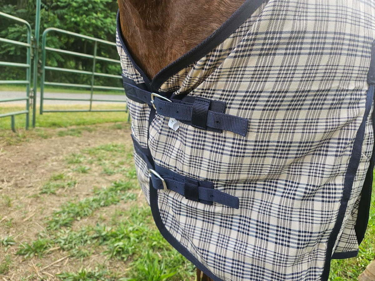Navy Beige Plaid Horse Stable Sheet with Front Gussets, Lightweight Polyester Sheet for Horses, Travel, Stable & Show Use (Navy Beige Plaid, 72")