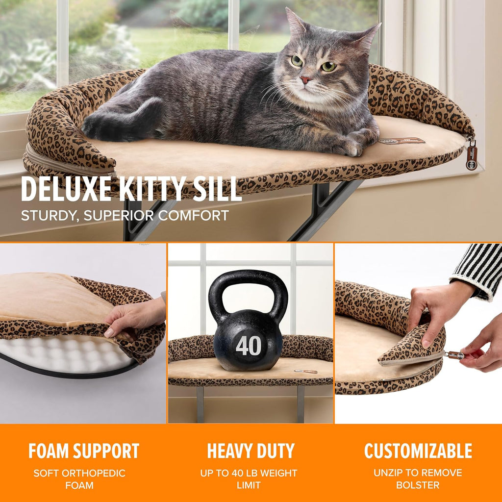 K&H PET PRODUCTS Deluxe Kitty Sill with Removable Bolster Tan/Leopard Print 14 X 24 Inches