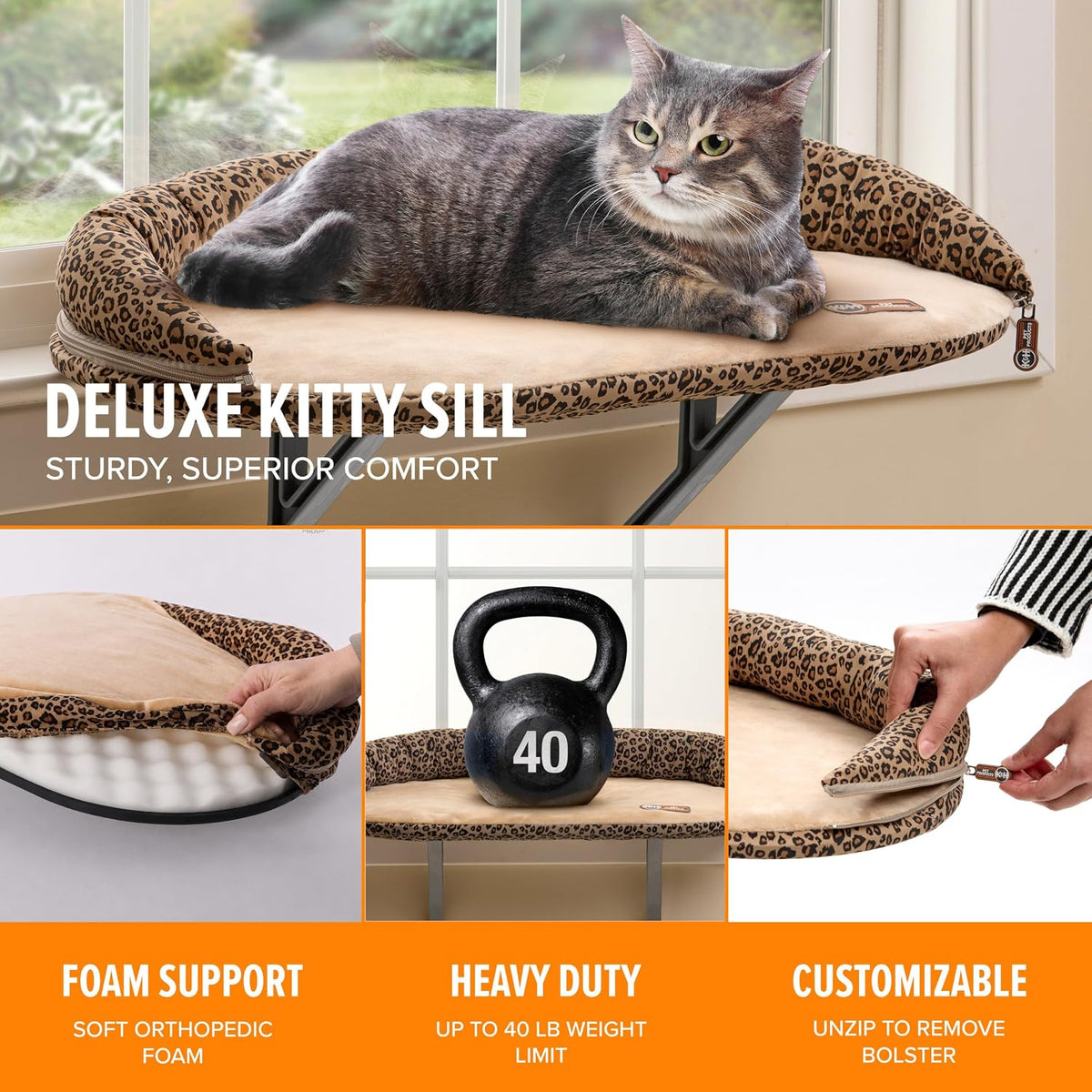 K&H PET PRODUCTS Deluxe Kitty Sill with Removable Bolster Tan/Leopard Print 14 X 24 Inches