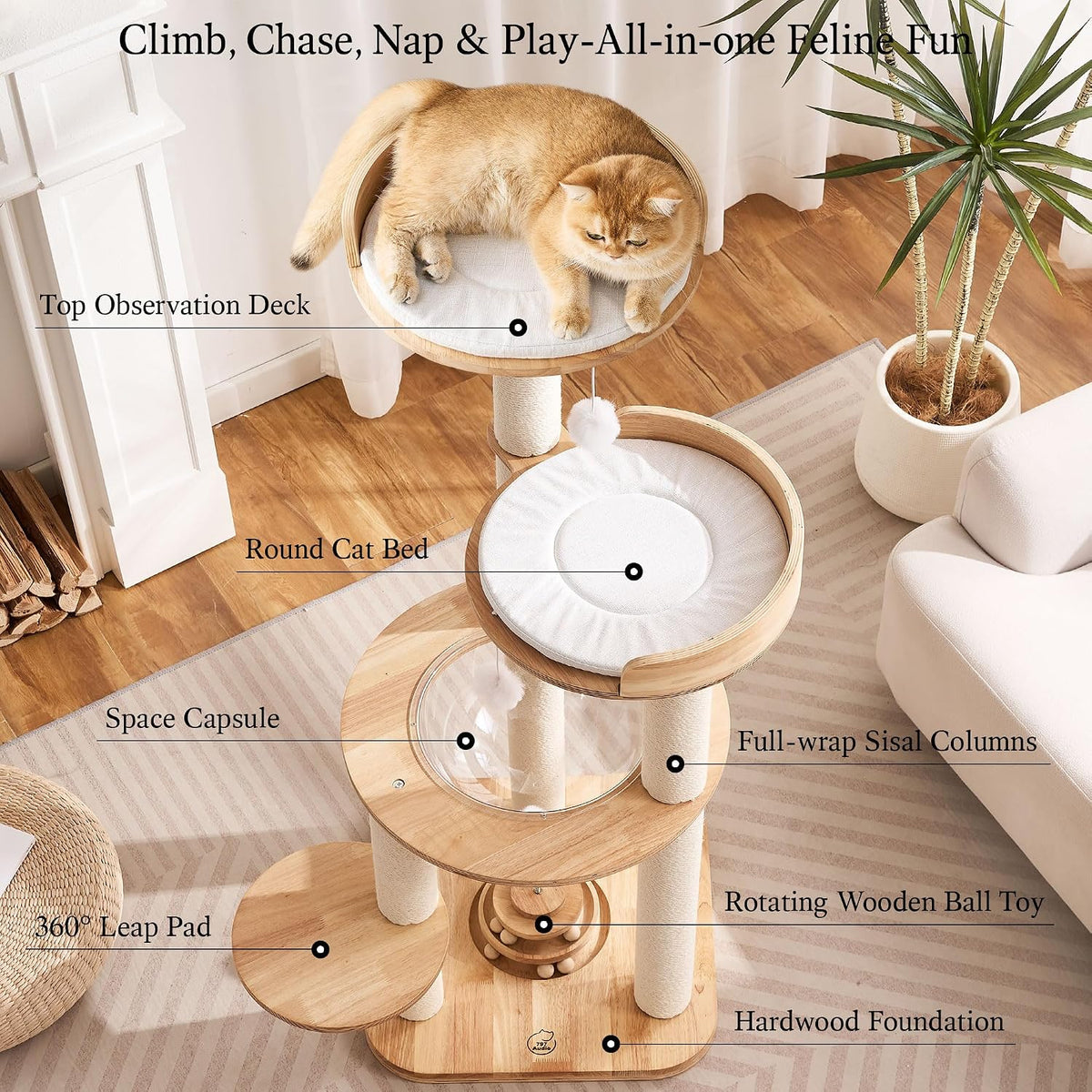 797Audio Modern Solid Wood Cat Tree Tower, 49" Tall Cat Tree with Sisal Scratching Posts and Capsule for Adult Cats, Natural Oak Wooden Cat Tower,Aesthetic Multi-Level Cat Climbing Tree for Indoor Cat