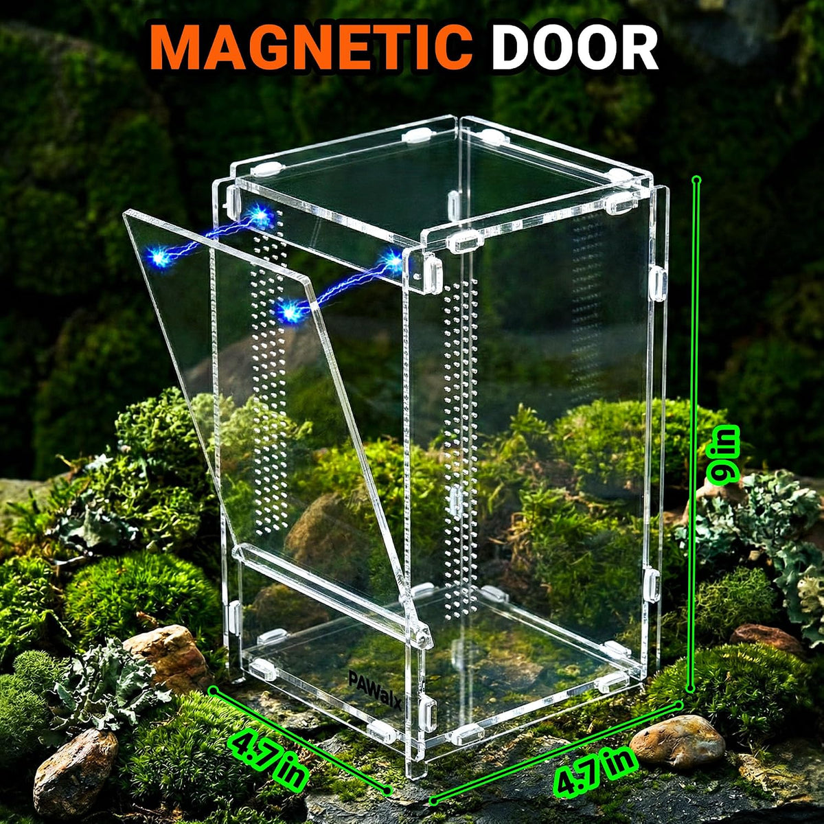 Jumping Spider Enclosure, Acrylic Terrarium with with Magnetic Doors, 0.8mm Micro-Ventilation, Stackable Escape-Proof Habitat for Jumping Spiders, Tarantulas & Small Reptiles, 4.7"x4.7"x8"