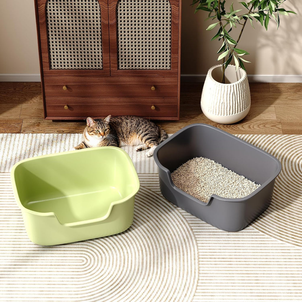Large Open Cat Litter Box with High Sides, Anti-Splashing for Indoor Cats, Low Entry for Kittens & Elderly Cats, Spacious Litter Pan, Tool-Free Assembly(21.7” * 16.5” * 8.5” Grey)