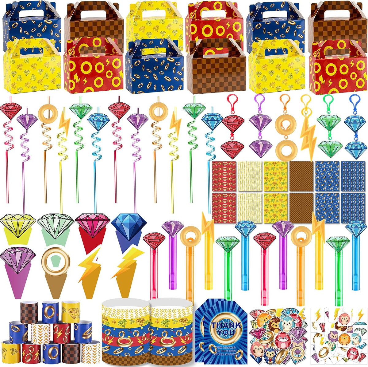 320PCS Party Favors Hedgehog Theme Birthday Party Decorations Supplies Blue and Golden Rings Goodie Bags Stuffers Gift Bag Pinata Fillers