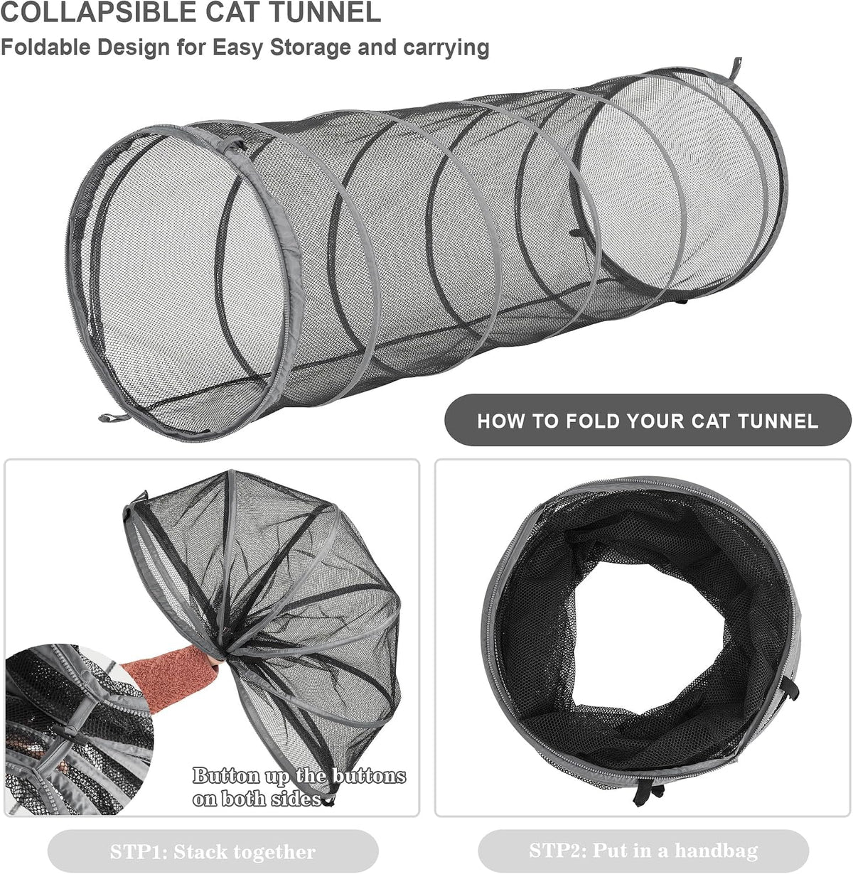 Cat Straigh Tunnels, Foldable Cat Tubes Easy to Connect with Zipper DIY in Multiple Ways,Pet Toys for Cats, Rabbit, Puppy (Grey)