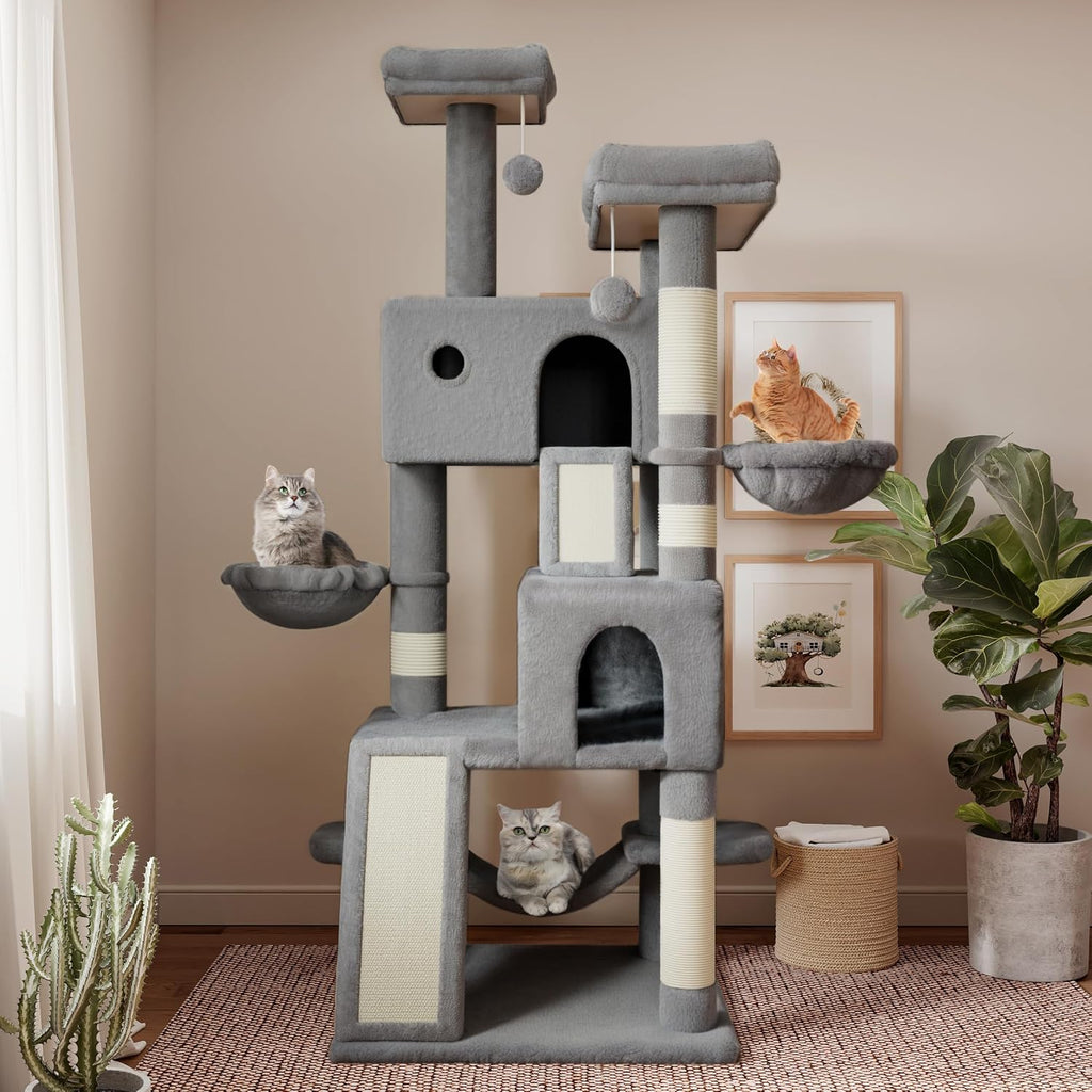 SHA CERLIN 65in Larger Cat Tree Tower Condo for Indoor Kitties/Multi-Level Furniture Activity Center with Wide Base/Cozy Plush Cat Perches/Baskets/Sisal Scratching Posts and Hammock/Grey