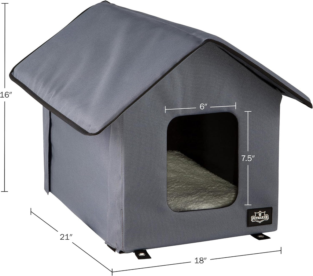 Heated Cat House - Double-Door Cat Bed with Zippered Roof, Pet Heating Pad, and Sherpa Cover - for Garage, Porch, Barn, or Basement by PETMAKER (Gray)