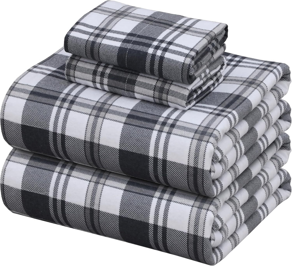 ZOYER 100% Cotton Flannel Sheets Queen Size 4 Pcs Set, Carbon Grey Plaid