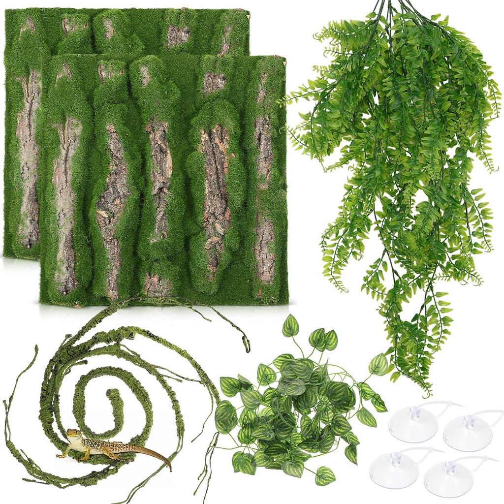 Suncalla Reptile Plants for Terrarium Bearded Dragon Includes Moss Bark Hanging Plant Vines Artificial Leaves Flexible Vines Jungle Climbing Branch for Leopard Gecko Tank Decor