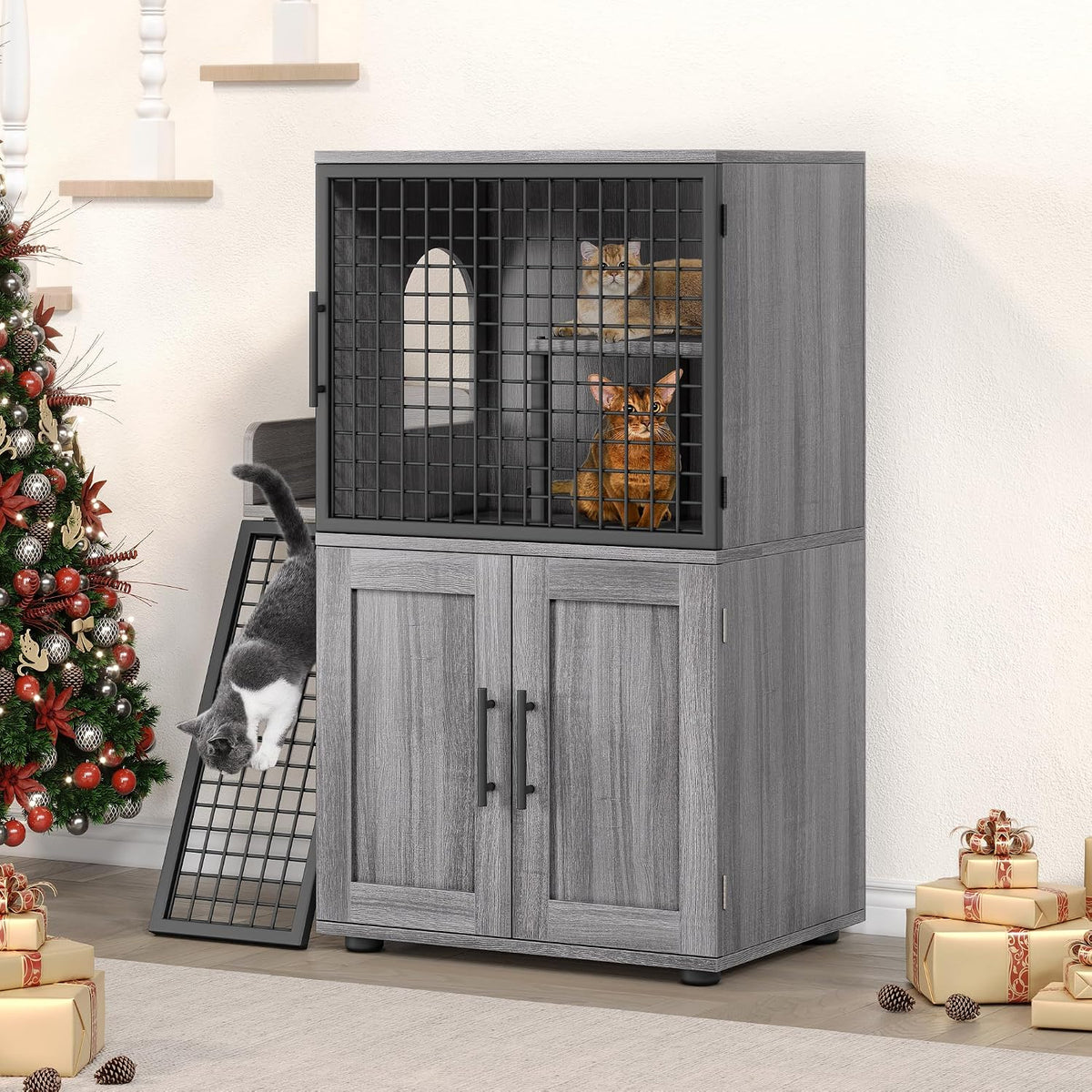 Double-Tier Cat Litter Box Enclosure with Ladder, Hidden Litter Box Furniture Cabinet, Multi-Level Cat House with Entertainment Platform for Large Litter Boxes, Living Roo – Wax Wood Color