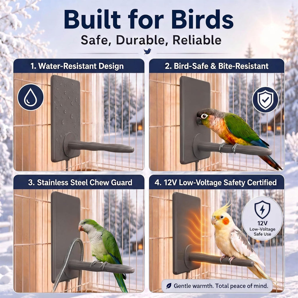 Bird Heater, 2-in-1 Heated Bird Perch & Warming Panel, Safety Listed, Gray