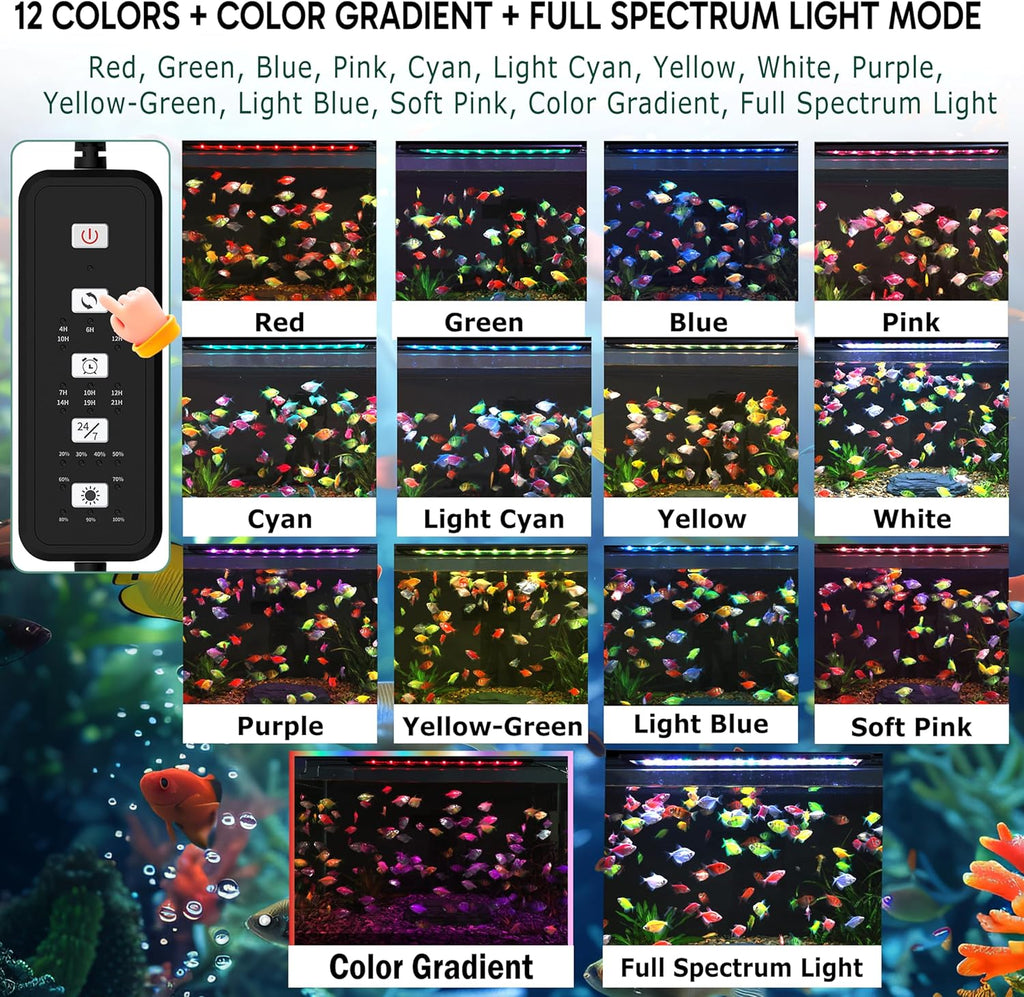 24/7 LED Aquarium Light for 18-24 Inch Plant & Fish Tank IP68, 12-Color & Gradient & Full Spectrum with Sunrise-Daylight-Moonlight, Auto On/Off, Brightness, Extendable Brackets for Freshwater