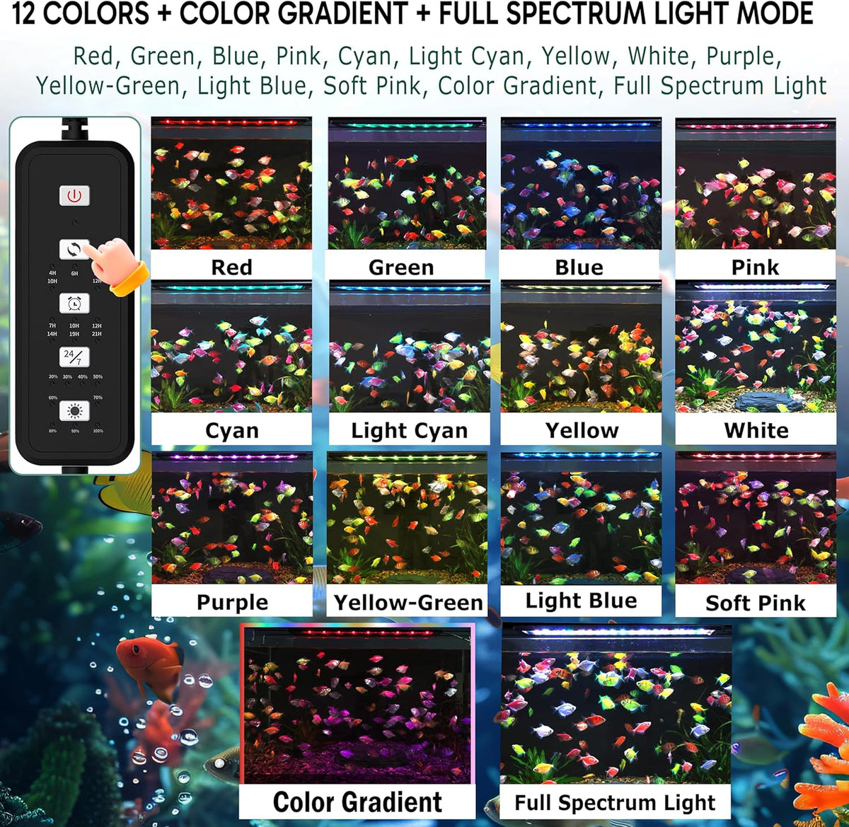 24/7 LED Aquarium Light for 18-24 Inch Plant & Fish Tank IP68, 12-Color & Gradient & Full Spectrum with Sunrise-Daylight-Moonlight, Auto On/Off, Brightness, Extendable Brackets for Freshwater
