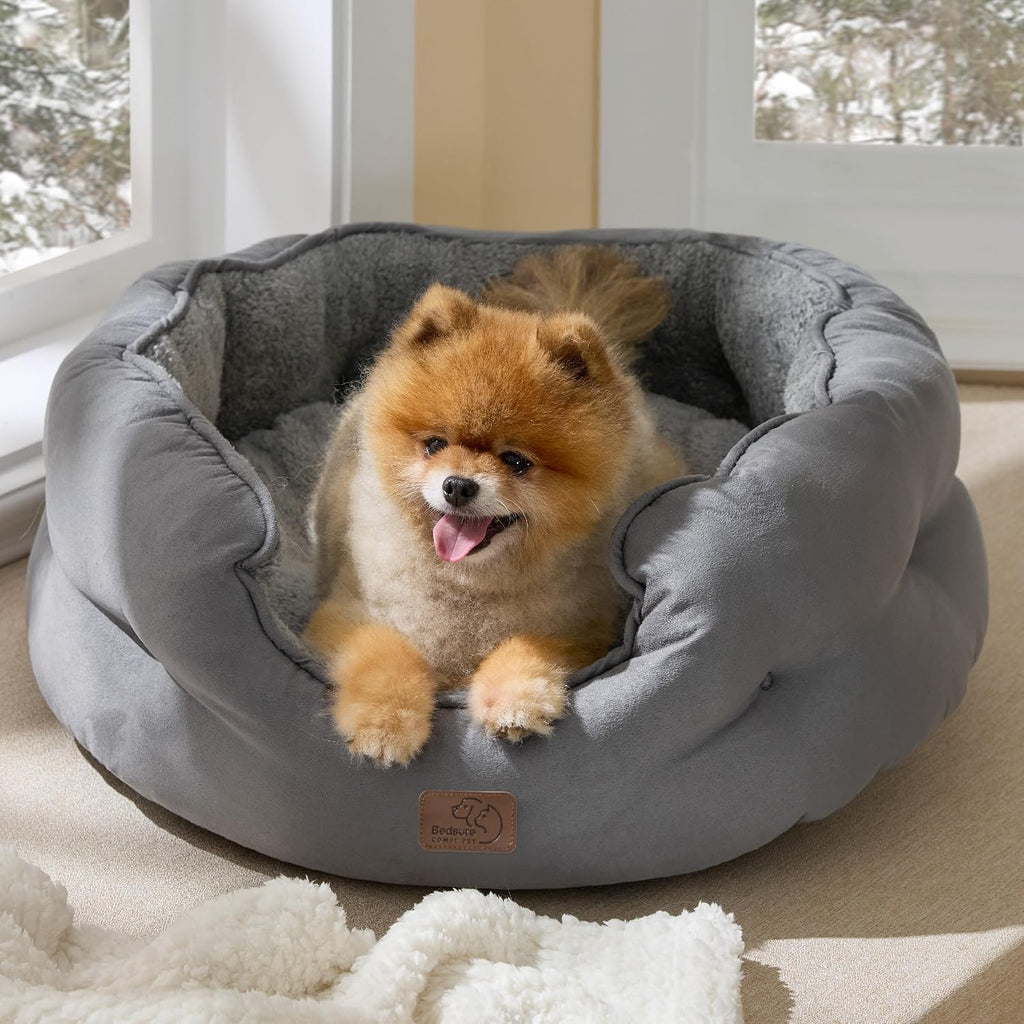 Bedsure Self Warming Cat Bed,Round Washable Small Dog Bed, 25In Grey
