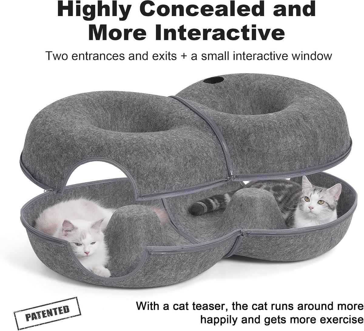 8-Shaped Large Cat Tunnel Bed for Indoor Cats, Infinite Circulation Peekaboo Cat Cave with 12 Toy Balls, Cat Donut Tunnel for Cats up to 30 Pounds (Dark Grey, L 38x24x11in)