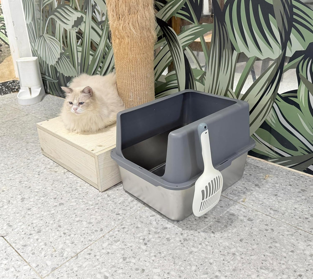 Litter Box with Lid, Stainless Steel Cat Litter Box, 12" High, Grey