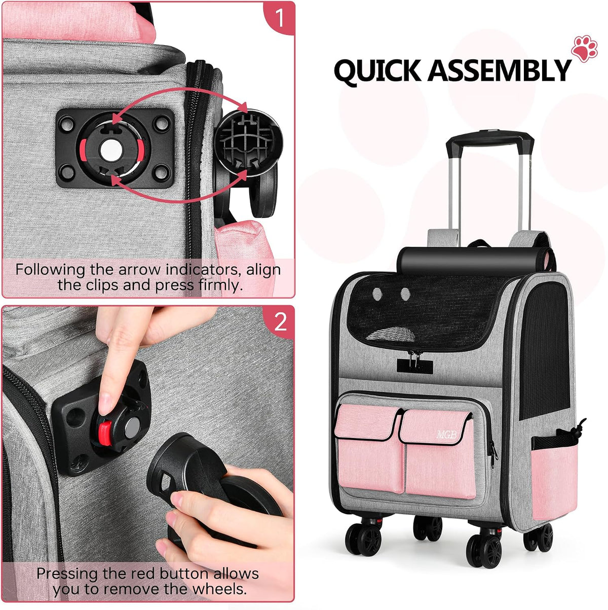 MGB Foldable Rolling Pet Carrier with Wheels Pink(Not for Airline)
