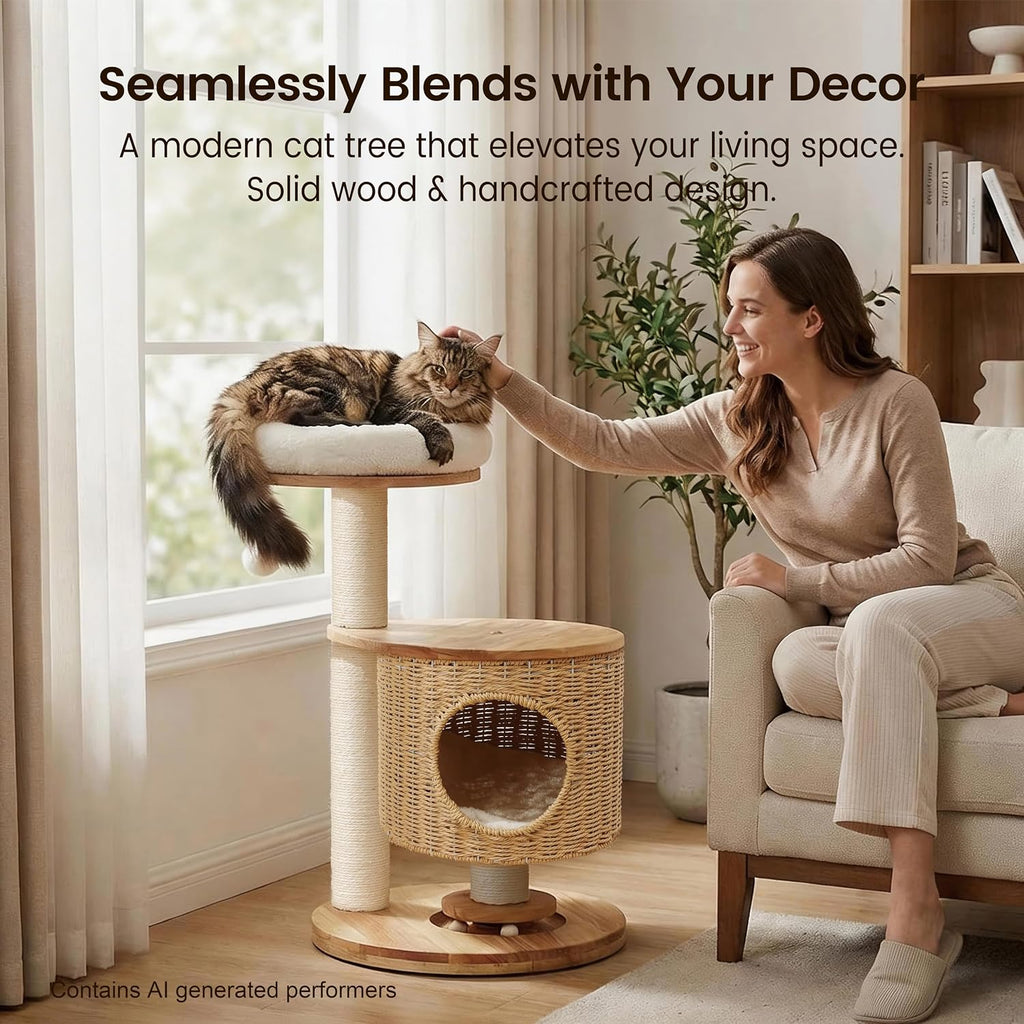 Zonoria 30-Inch Solid Wood Cat Tree Tower for Small to Medium Cats