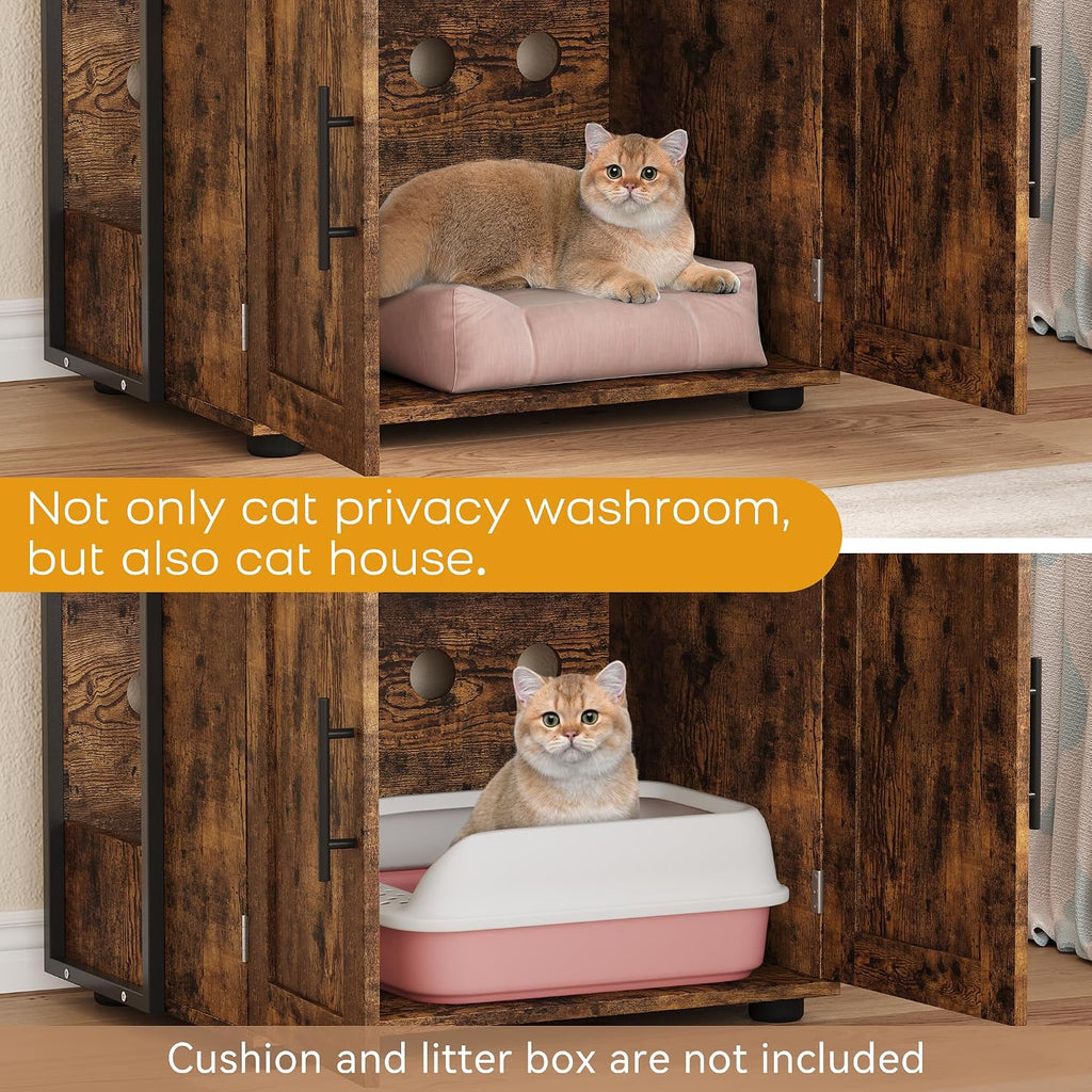 Cat Litter Box Enclosure with 2-Tier Storage Shelves and Doors, Hidden Cat Washroom Furniture with 2 Doors and Ventilation Holes, Indoor Large Cats House Cabinet Bookshelf for Most Litter Box - Brown