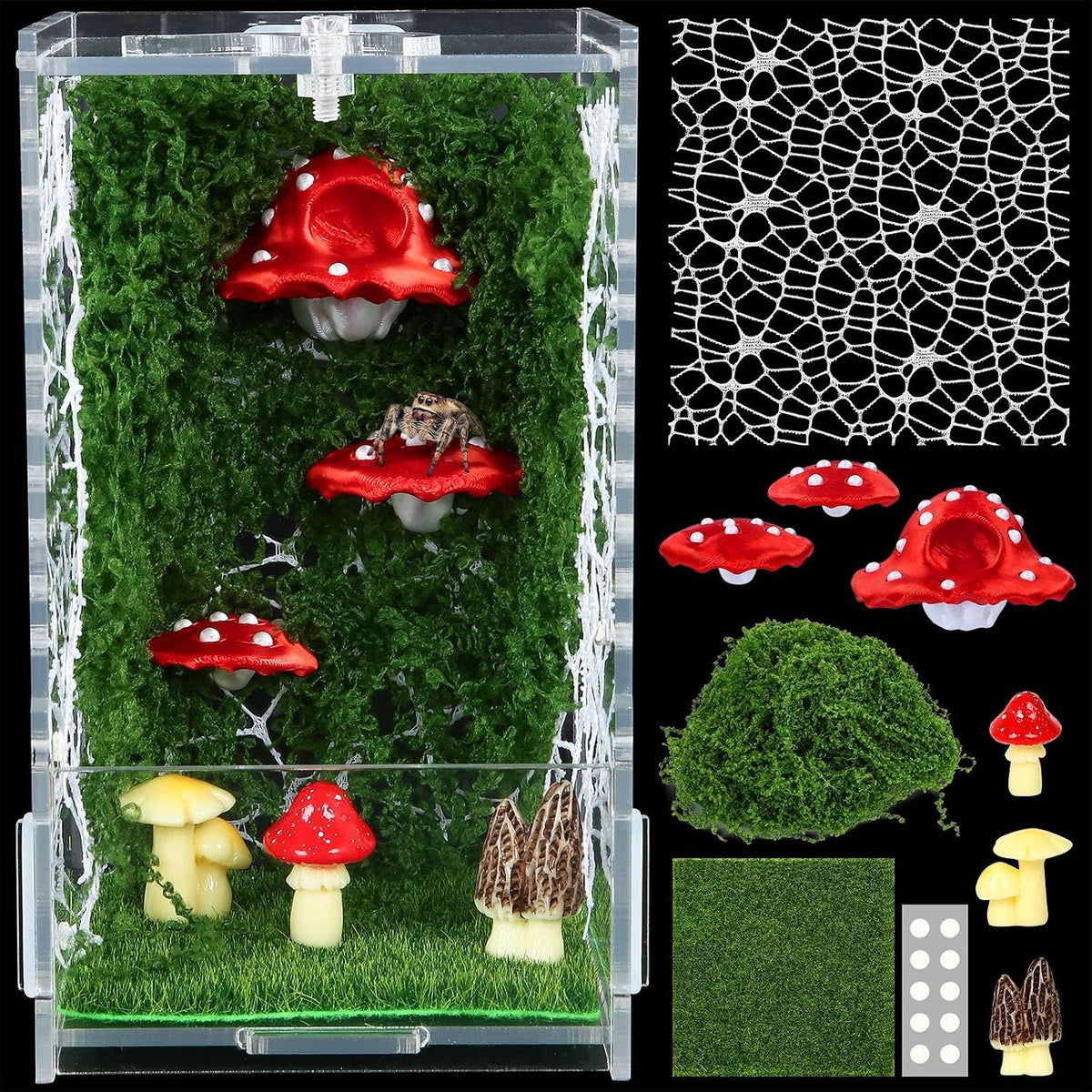 Escape-Proof Jumping Spider Enclosure Kit, Clear Acrylic Terrarium with Micro Vents and Front Opening, 3D Printed Detachable Magnetic Mushroom Hide Decor for Jumping Spiders, Tarantulas & Mantis