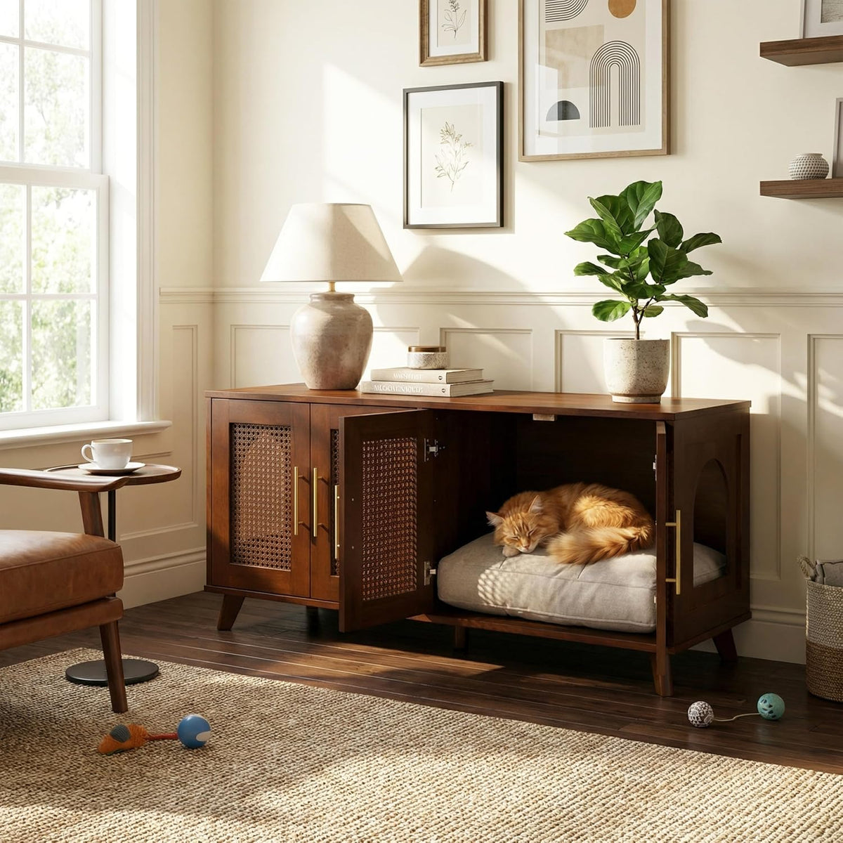 Christopher Knight Home Conmeo Cat Litter Box Enclosure with Plush Cushion, Rubber Wood Hidden Litter Box Cabinet with Breathable Rattan Mesh Doors, Indoor Pet House, Functional Sideboard, Walnut