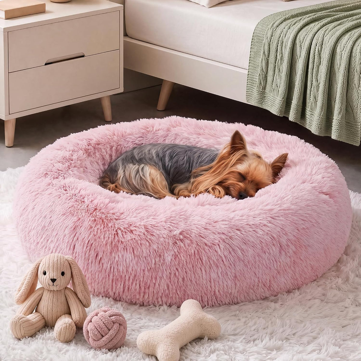 WNPETHOME Small Pink Round Calming Dog Bed Cat Bed For Comfy Sleep