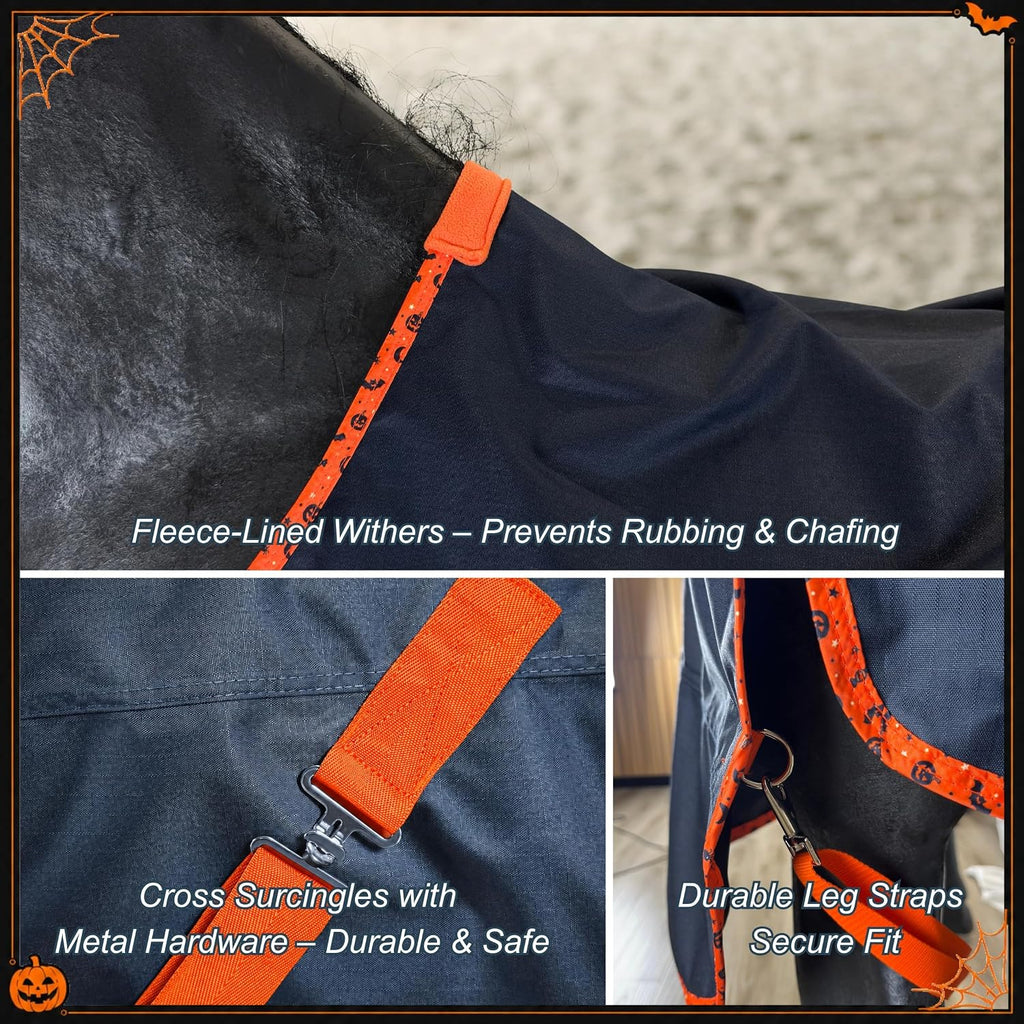 BARN & STABLE 600D Ripstop Lightweight Horse Turnout Sheet No Fill,Water-Resistant & Breathable Horse Blanket for Spring and Mild Weather, with Anti-Rub Fleece Withers (Halloween, 78 in)