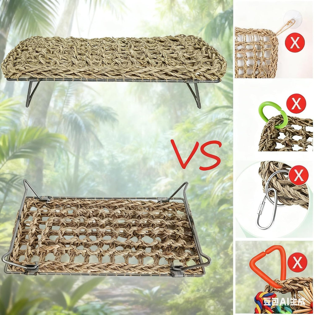 Natural Seagrass Reptile Hammock Bed with Adjustable Metal Legs, Large Elevated Resting Platform for Bearded Dragon, Lizard, Gecko, Snake, Turtle & Terrarium Pets, Includes Humidity Meter