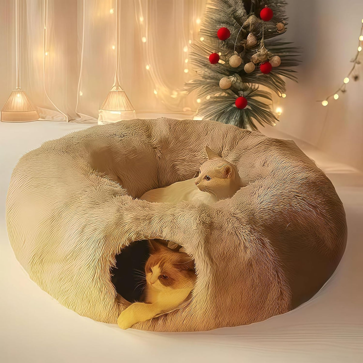 Large Cat Tunnel Bed for Indoor Cats with Hanging Pompom Toys
