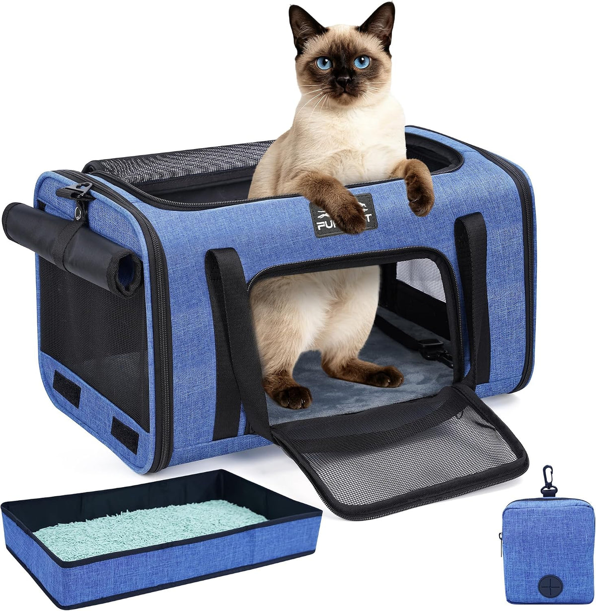 Soft-Sided Cat Carrier with Foldable Litter Box for Air Travel, Blue