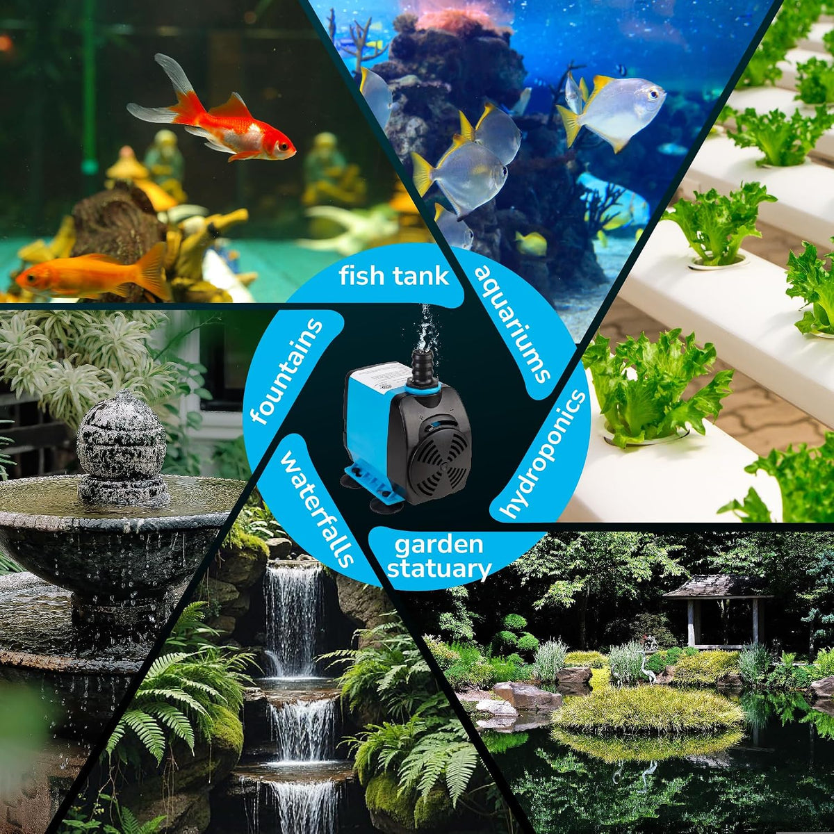 Hexago 800GPH Submersible Pump, Ultra Quiet Water Fountain Pumps with 10FT High Lift, 6FT Power Cord, 3 Nozzles, Durable Water Pump for Fish Tank, Pond Fountains, Aquarium, Statuary, Hydroponics