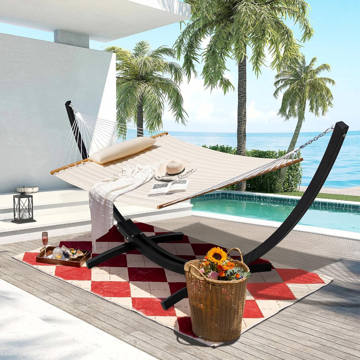 Lazy Daze 13 Ft Double Quilted Hammock with Curved Steel Black Stand