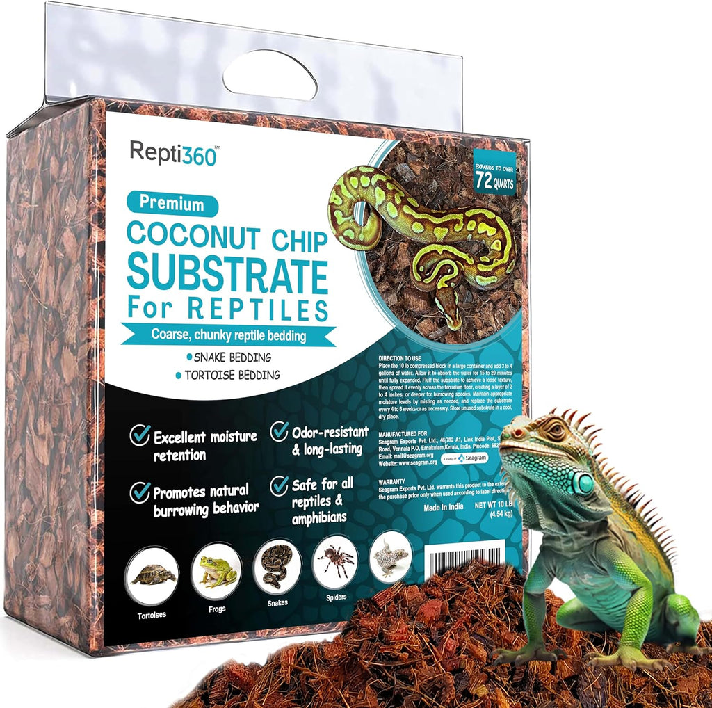 Premium Coconut Chip Substrate for Reptiles – 10 LB Block in Carton Box, Expands to 72 Quarts – Natural & Dust-Free Coco Husk Bedding for Ball Python, Bearded Dragon, Tortoise & Gecko