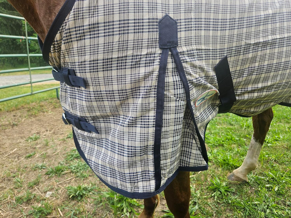 Navy Beige Plaid Horse Stable Sheet with Front Gussets, Lightweight Polyester Sheet for Horses, Travel, Stable & Show Use (Navy Beige Plaid, 72")