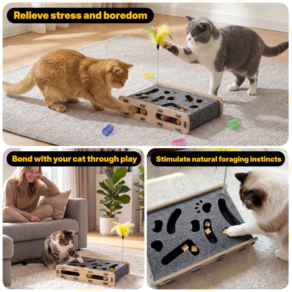 5-in-1 cat nail file scratcher Enrichment Box - interactive cat toys for indoor cats, Large felt cat puzzle feeder with replaceable sandpaper, Includes 6 balls ,4 spring toys,and feather toy(grey)