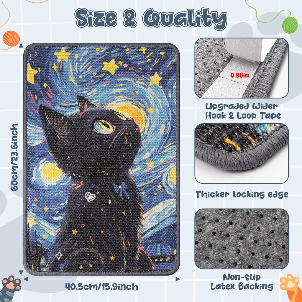 Sisal Cat Scratching Pad, Durable & Shedding-Resistant Wall Scratcher Mat for Indoor Cat, Kitten Art Print Scratching Mats for Carpet Couch Furniture with Adhesive Hook Loop Tape(24*16in)