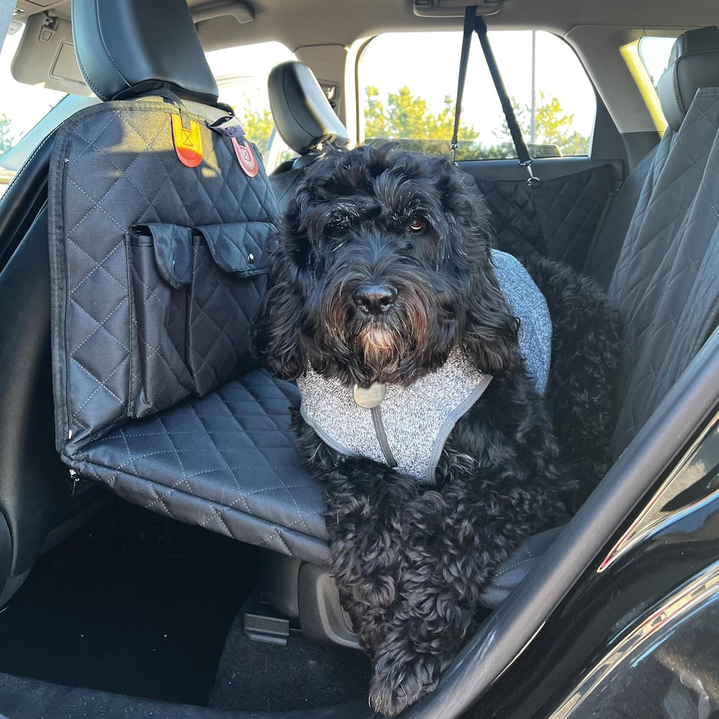 BarkBridge+ Backseat Extender for Dogs - Hard-Bottom Waterproof Back Seat Bridge for Cars, Trucks & SUVs - Dog Hammock with Storage Pockets - Dog Rear Car Seat Cover with Door Covers