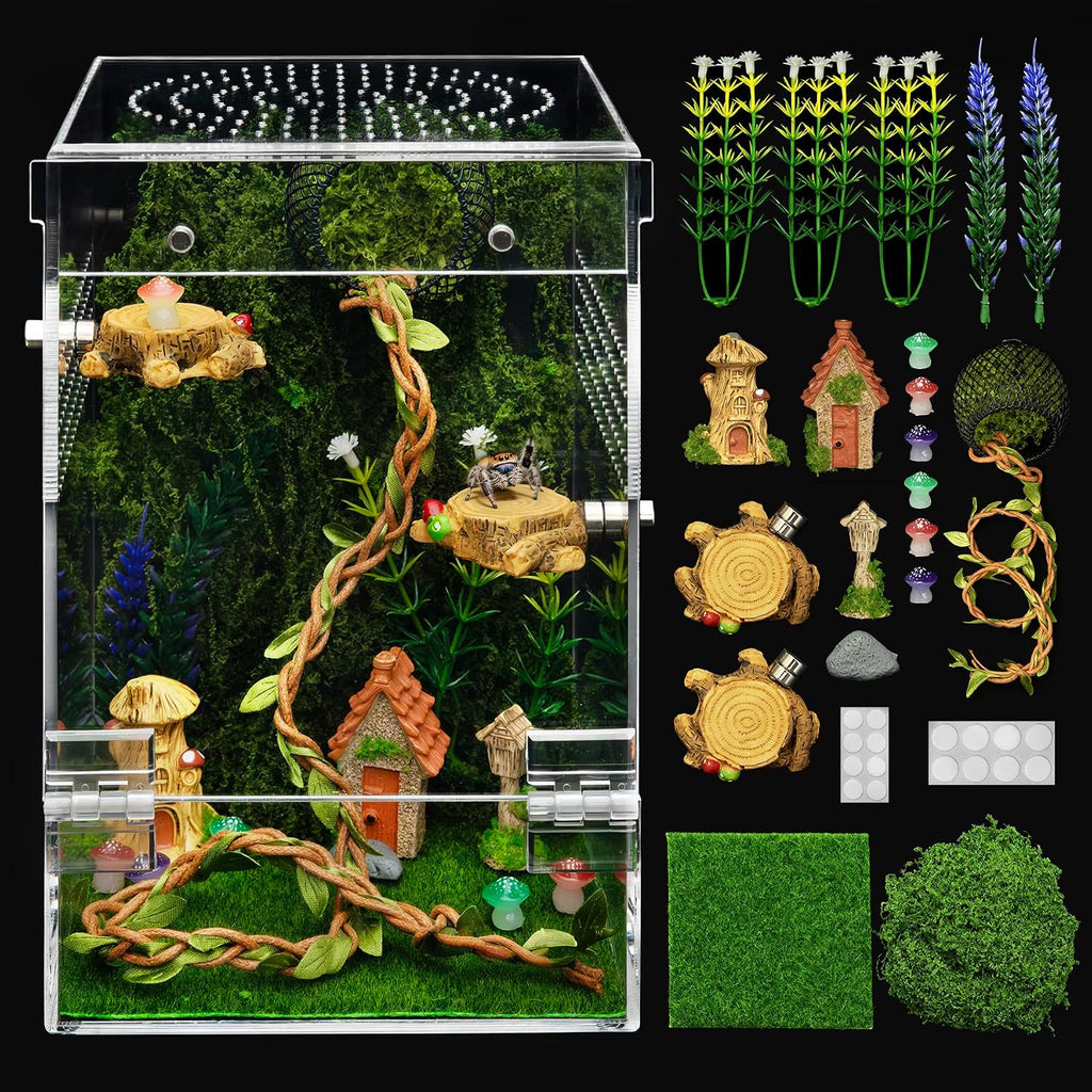 Jumping Spider Enclosure Starter Kit,5 x 5 x 8 in Acrylic Terrarium