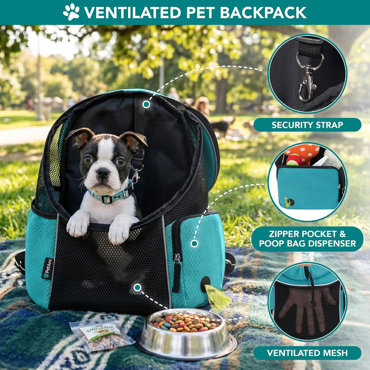 PetAmi Dog Carrier Backpack, Hands Free Front Pet Carrier, 10lbs, Teal Blue