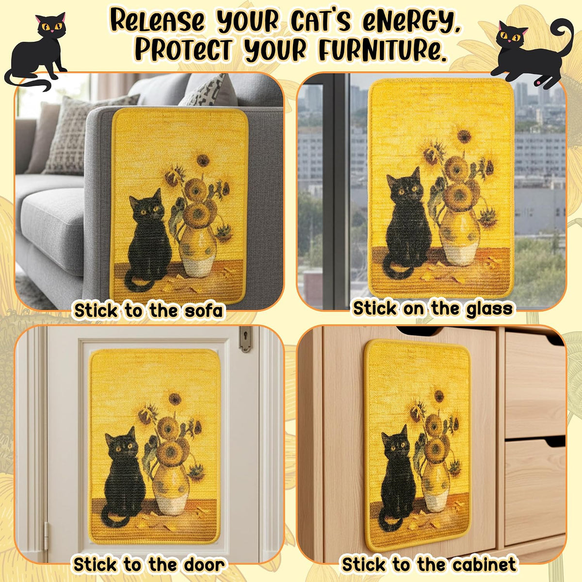 Sisal Cat Scratching Pad - Shedding-Resistant Wall Scratcher Mat for Indoor Cat, Kitten Art Print Sunflower Scratching Mats for Carpet Couch Furniture with Adhesive Hook Loop Tape(24*16in)