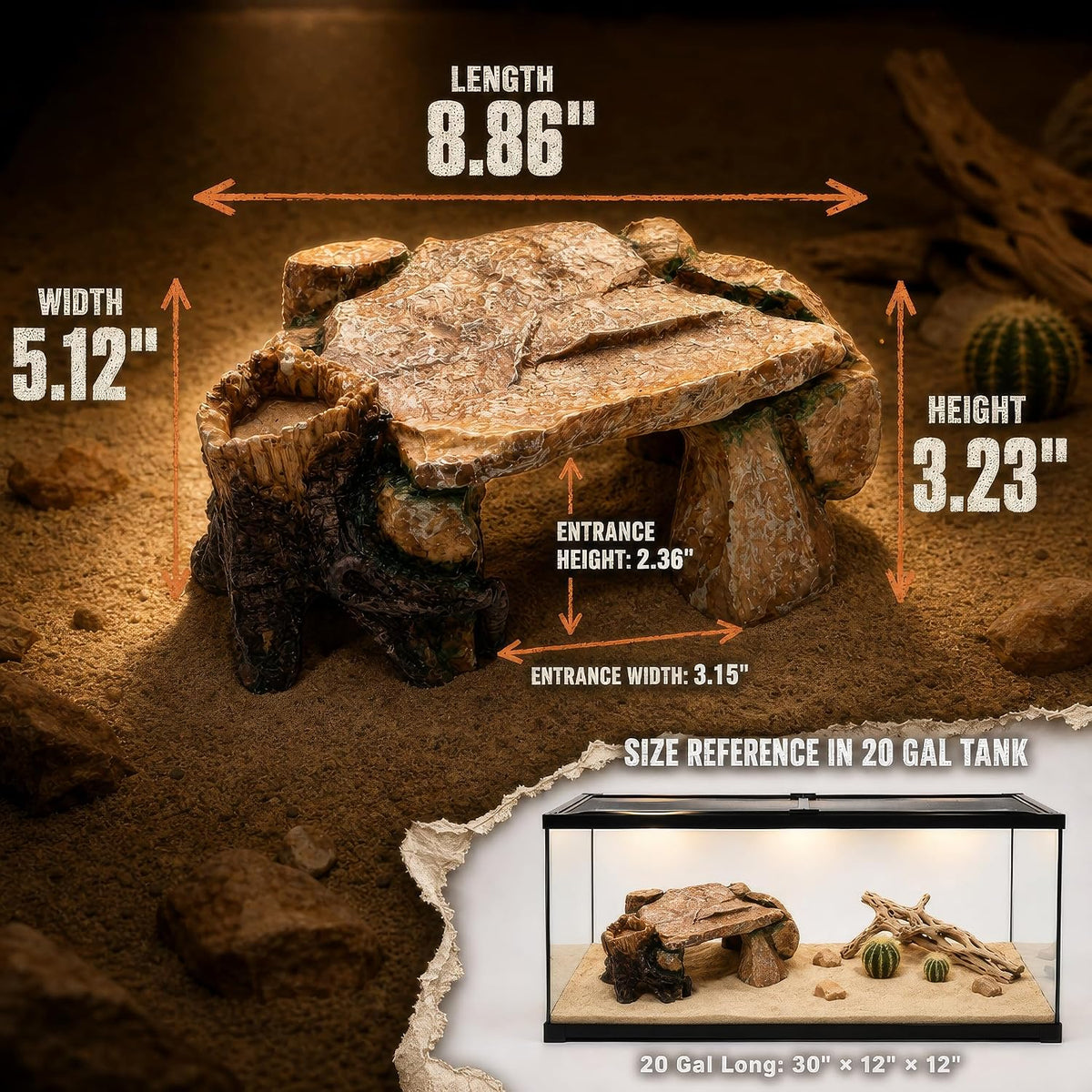 VELTHERM 3-in-1 Reptile Hide - Basking Platform, Feeding Dish, Resin Rock Cave for Bearded Dragon Ball Python Leopard Gecko, Desert/Tropical Decor, Submersible Aquarium & Turtle Tank